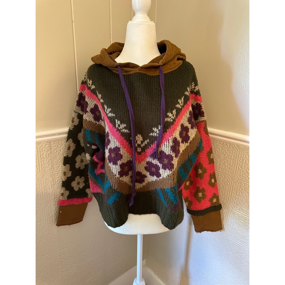 Natural Life Women Mixed Pattern Knit Hoodie Floral Geometric Multi-Color S/M